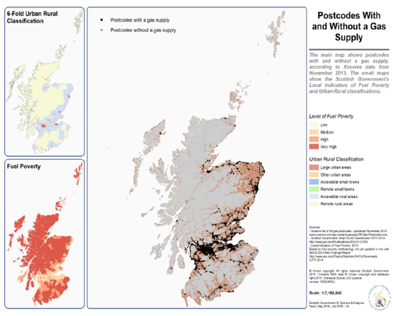 Figure 6: Maps of postcodes with a gas supply, the 6-fold urban/rural classification, and levels of fuel poverty
