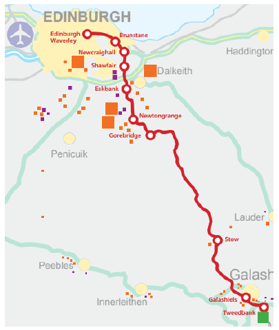 Map of the Borders Railway route, including the stops and the nearby population centres