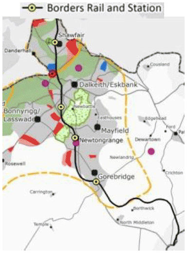 A map from the Midlothian LDP (2017, Figure 2.1) which includes the railway, topography of the local area and the boundaries of Midlothian and the City of Edinburgh Council