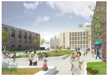An artist’s impression of a public space and development proposed for Pennywell Housing Estate’s regeneration scheme