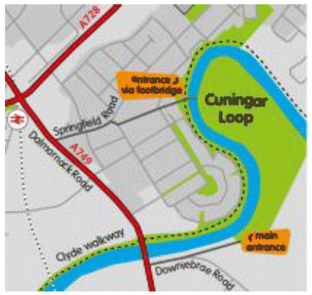 Map of Glasgow’s Cunnigar Loop, a proposed Woodland area, and around. This Clyde Gateway development is scheduled to be delivered by URC and the Forestry Commission