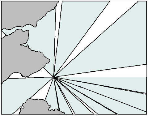 Figure 2. The 11 sectors (blue polygons) used in the simulation model to represent the distribution of guillemot flight directions from the Isle of May