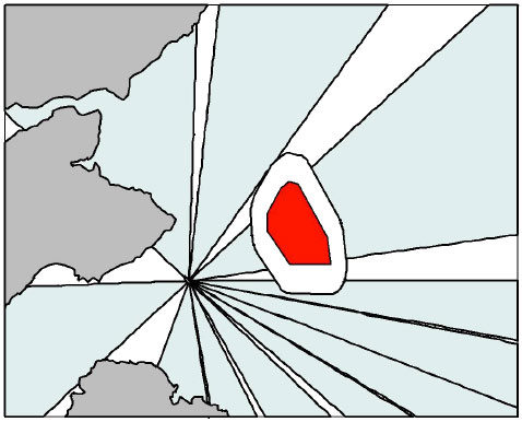 Figure 4. The location of the Neart na Gaoithe wind farm (red polygon) and the 5km buffer zone (white polygon) used in the simulation model