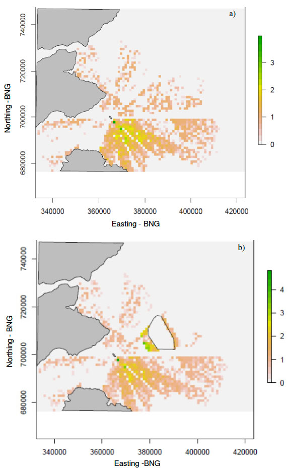Figure 6. The mean number of guillemots within each cell of the simulation model using a random prey density distribution from 50 simulations with a) no wind farm and b) with a wind farm