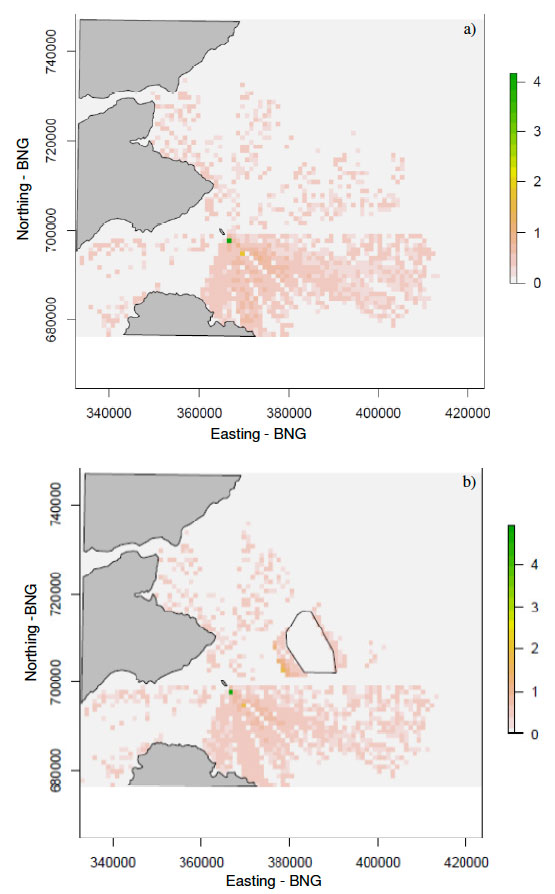 Figure 7. The standard deviation of the mean number of guillemots within each cell from 50 simulations with a random prey density distribution: a) no wind farm and b) with a wind farm