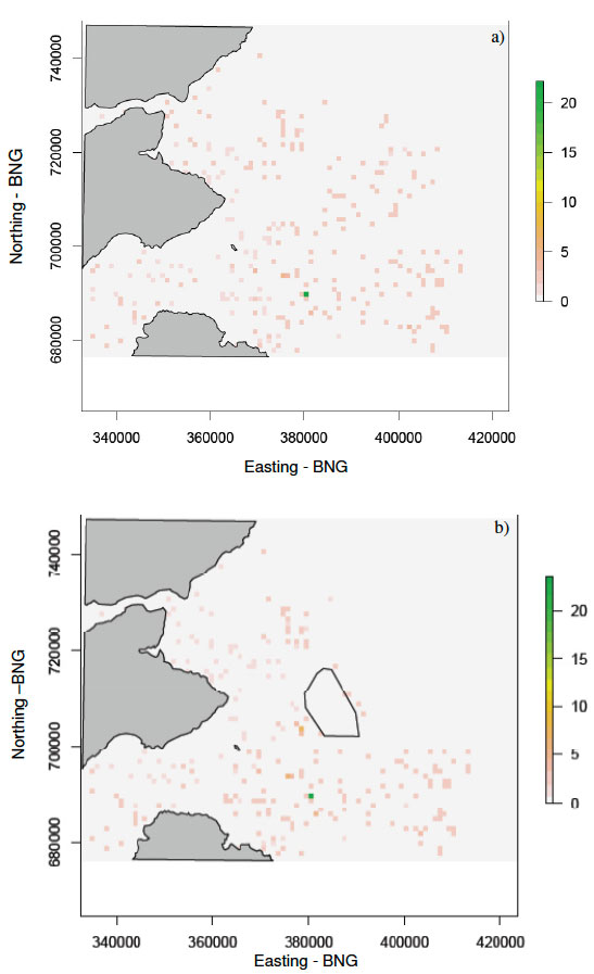 Figure 15. The mean foraging cost incurred at each cell after 50 simulations of the model with a clustered prey distribution layer and with a) no wind farm and b) with a wind farm present