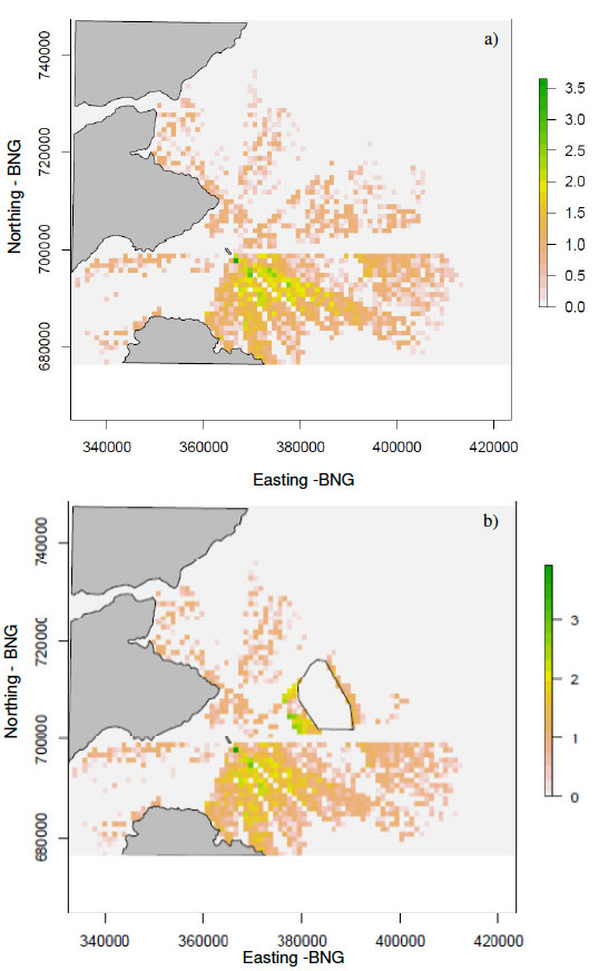 Figure 18. The mean number of guillemots within each cell of the simulation model using a random prey density map and a high interference coefficient from 50 simulations with a) no wind farm and b) with a wind farm