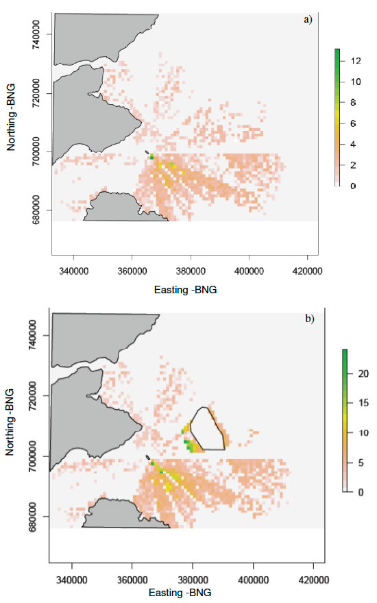 Figure 21. The mean foraging cost incurred at each cell after 50 simulations of the model with a clustered prey distribution layer and with a) no wind farm and b) with a wind farm present
