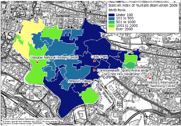 Map S2: Population in the East of Glasgow ranked by Scottish Index of multiple deprivation.