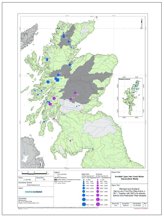 Figure 8b: Catchment map showing locations and capacities of active freshwater pen sites, by species, also locations of SAC's for Atlantic salmon and freshwater pearl mussels: Mainland & Shetland