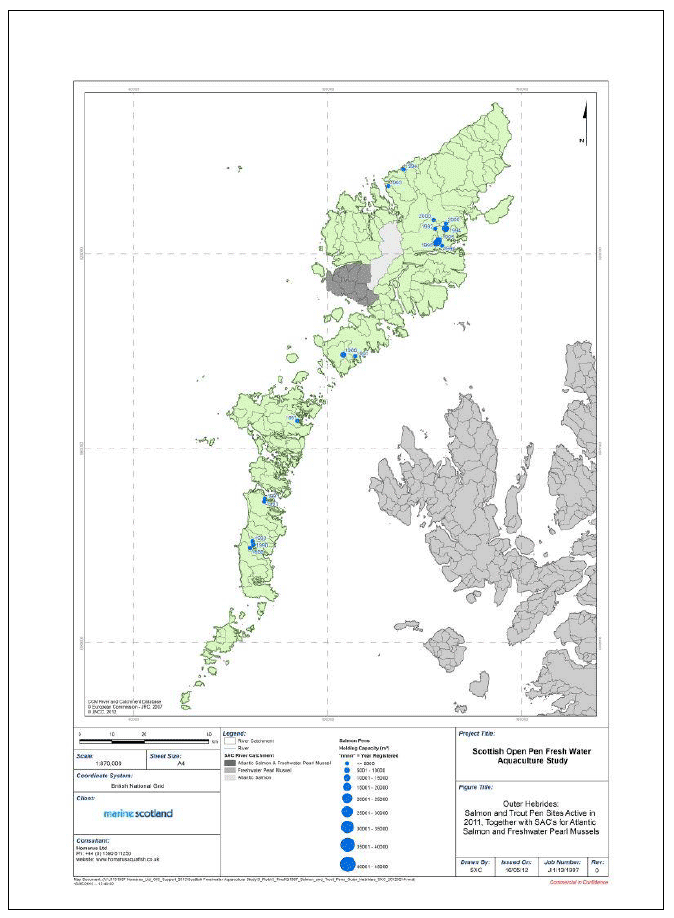 Figure 8c: Catchment map showing locations and capacities of active freshwater pen sites, by species, also locations of SAC's for Atlantic salmon and freshwater pearl mussels: Outer Hebrides