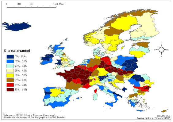 Figure 28 Proportion of Utilisable Agricultural Area that is tenanted across the EU