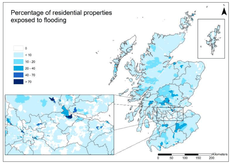 Figure 2. Percentage of residential properties exposed to any type of flooding (1:200+cc).