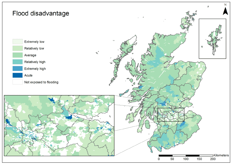 Figure 9. Flood disadvantage in Scotland (any flood source 1:200+cc).