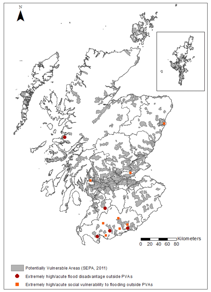 Figure 22. Flood disadvantaged and vulnerable areas located outside the Potentially Vulnerable Areas in Scotland (as identified in NFRA ((SEPA, 2011a)).