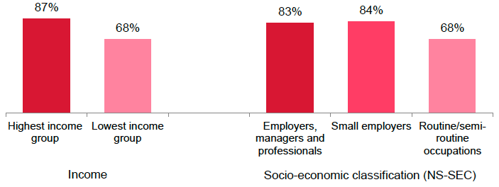 Figure 6.2 The joiner should be able to employ the friend if he wants by income and socio-economic classification (2015, %)