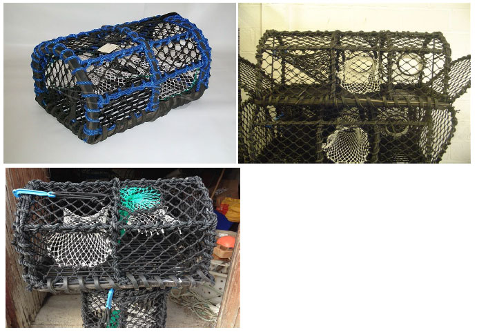 Figure 11: Standard D-shaped lobster/crab creel (top left). Parlour pots with hard eye entrances (top, right) and 24 inch crab and lobster creel with soft eye entrances (bottom left)