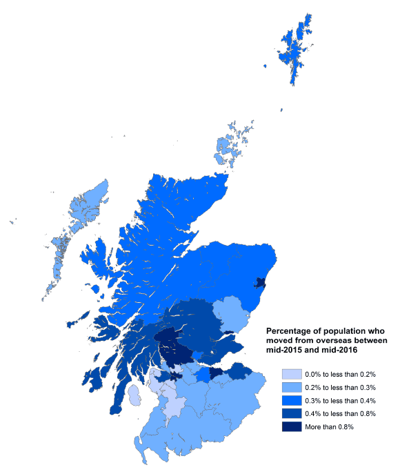 Figure 1.8: Inward migration as a percentage of population by council area, Scotland, mid-2015 and mid-2016