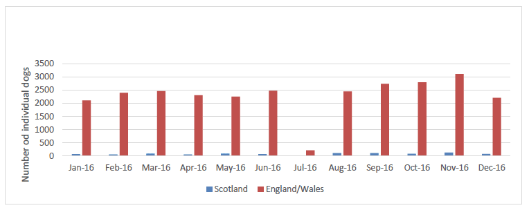 Figure 1 - Numbers of individual Canis familiaris commerically imported from other European countries in 2016