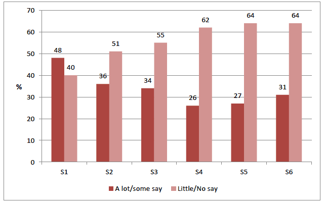 Figure 4.2 How much say young people have on what they learn, by school year