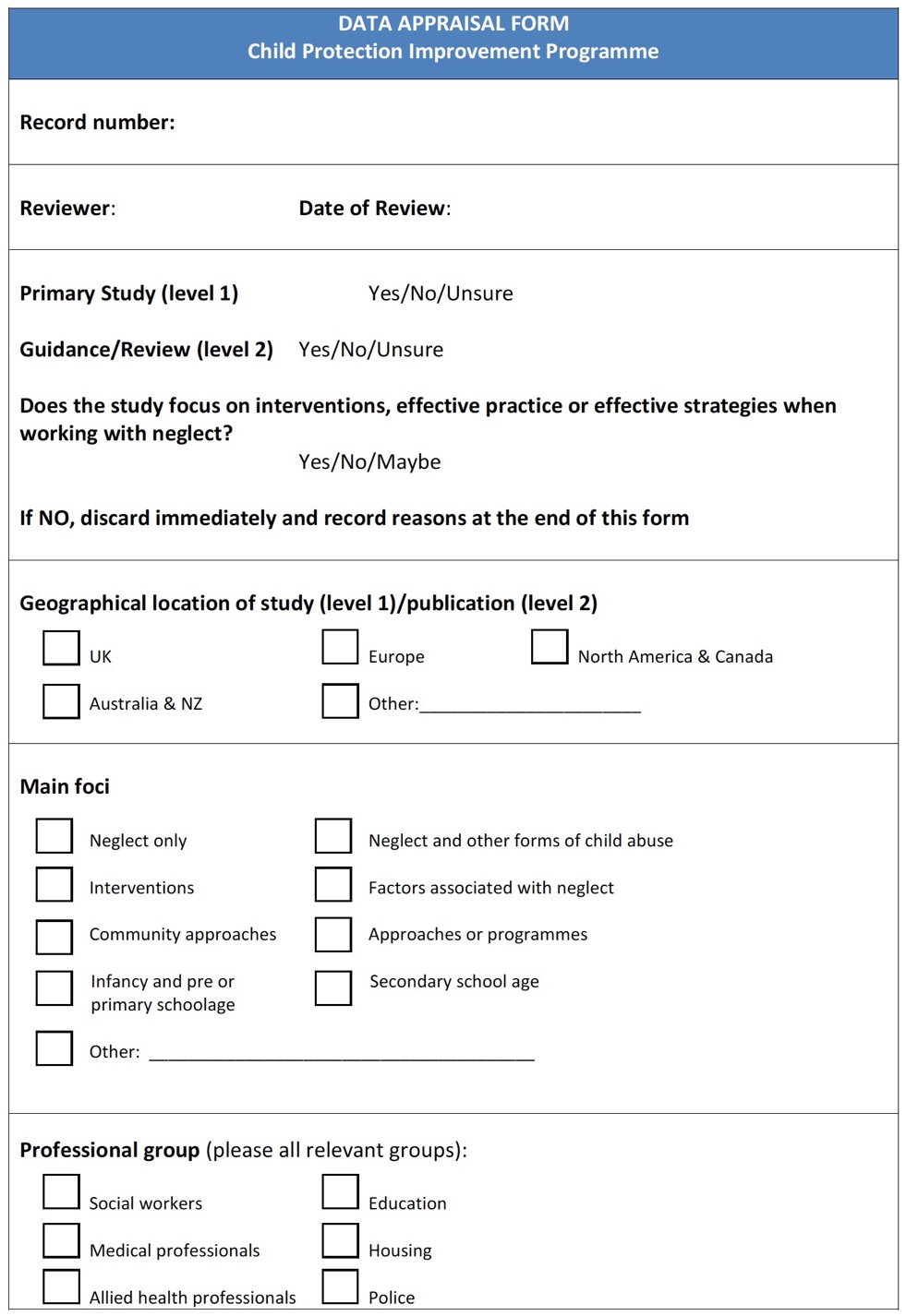 Example of data appraisal form - part 1
