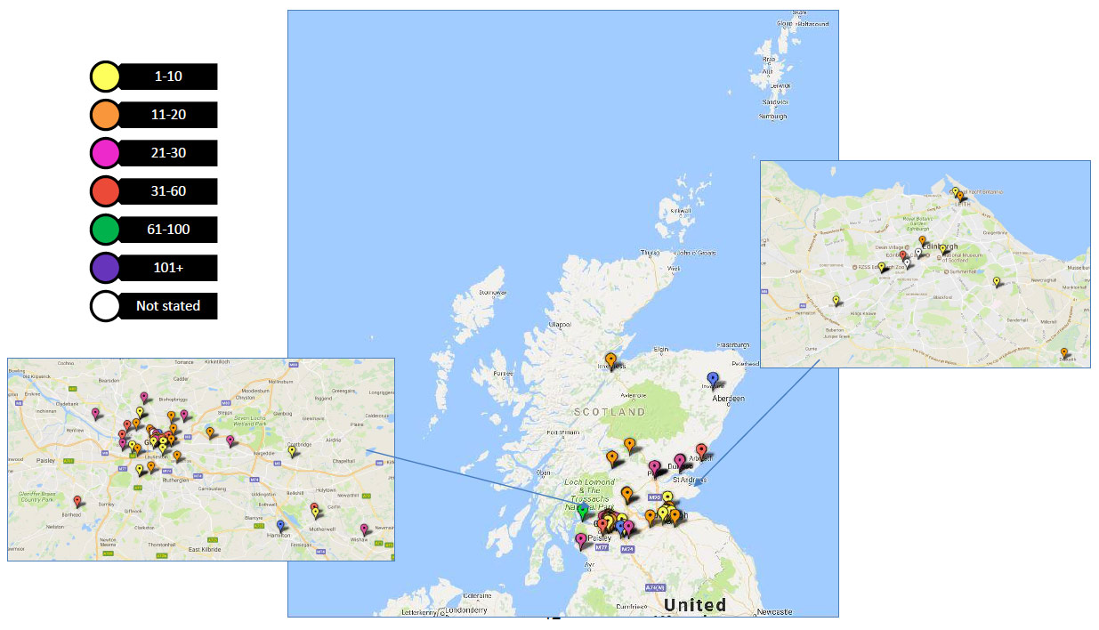 Figure 2 - Map of Scotland displaying the distribution of responses, colour coded by size band of participants contributing [Source: Rocket Science analysis of Scottish Government data and use of Google Fusion tables]