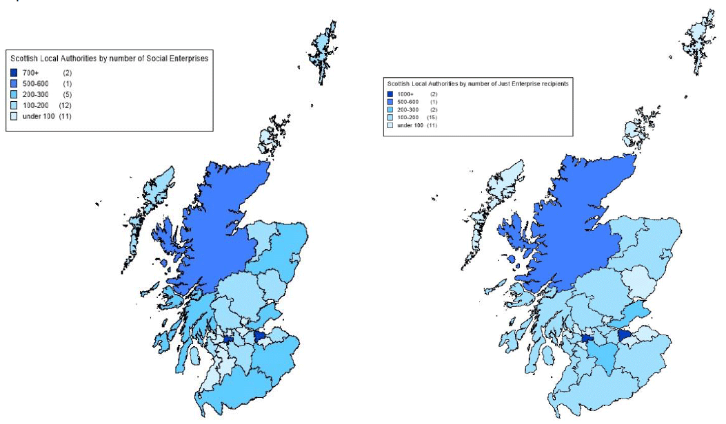 Figure 2.1: Scottish Local Authority areas by number of Social Enterprises and number of Just Enterprise organisation recipients