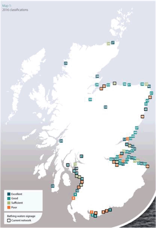 Figure 2.1: Location of designated water sites in Scotland and clasification for the 2016/17 bathing water season (Source: SEPA, 2016)