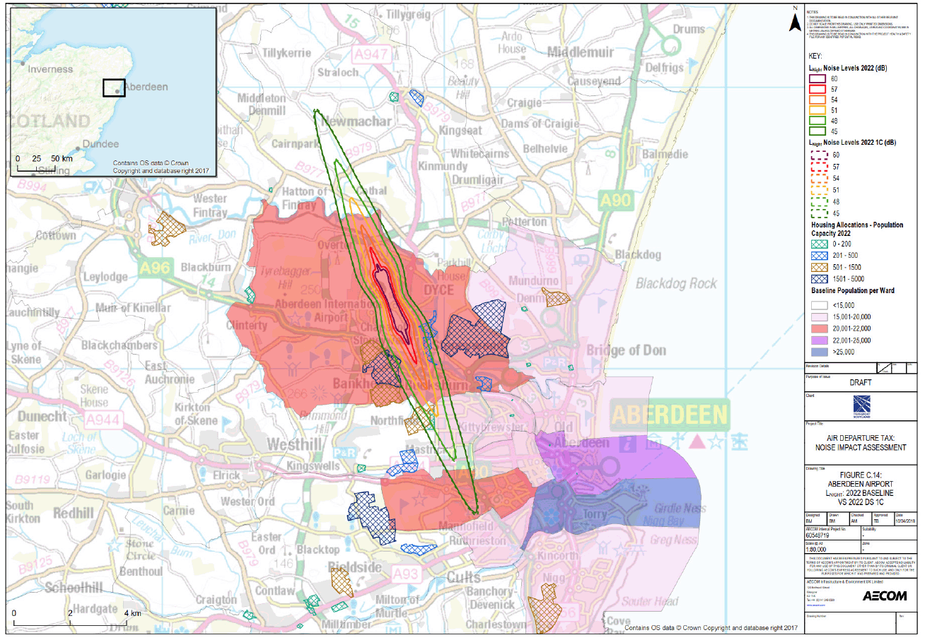 Figure C.14 Aberdeen Airport Baseline 2022 v Scenario 1c Lnight dB Noise Contours