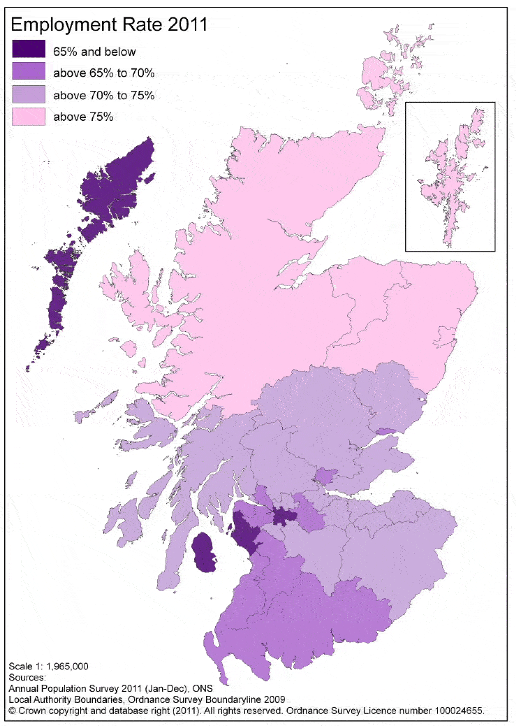 Map 1 - Employment rate for population aged 16-64, by local authority, Scotland, 2011