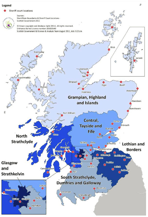 Figure 2: Location of the sheriff courts in Scotland