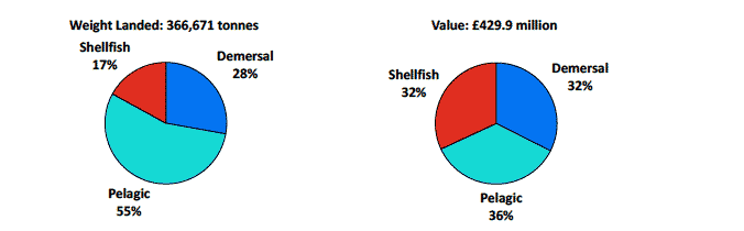 Chart 1.2 Quantity and value of landings by Scottish vessels; percentage of each species type, 2013.