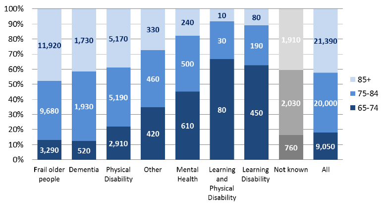 Figure 14: Home Care Clients aged 65+ by Client group and age group, 2014