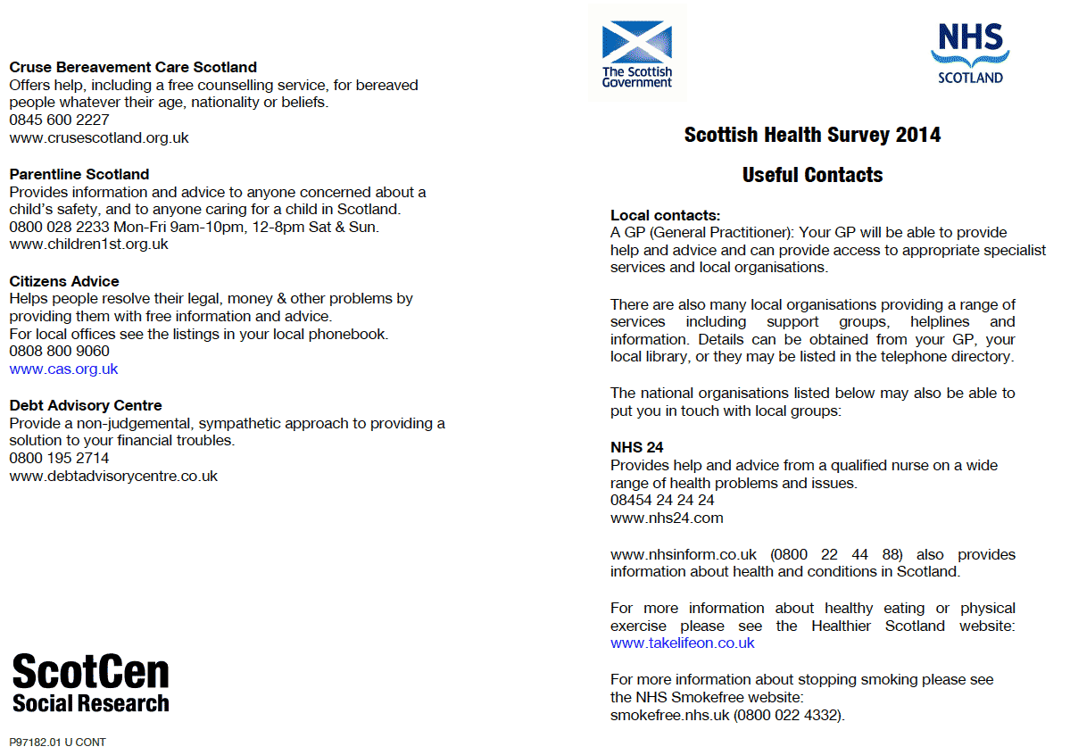 Scottish Health Survey 2014 Useful Contacts