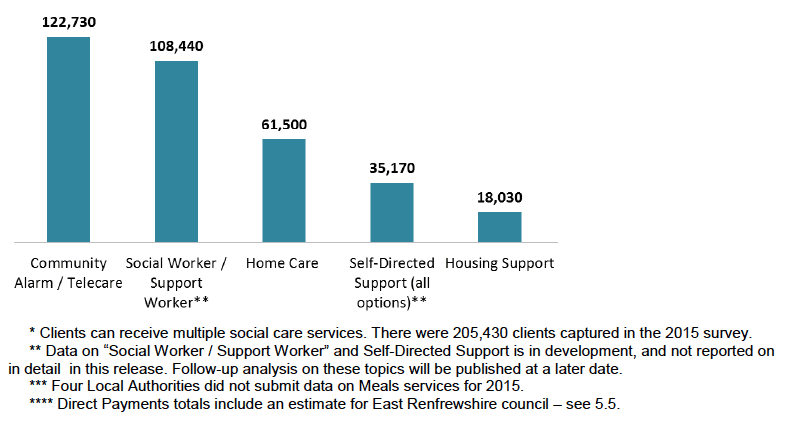 Figure 28: Services recorded in 2015 Social Care Survey, and number of clients