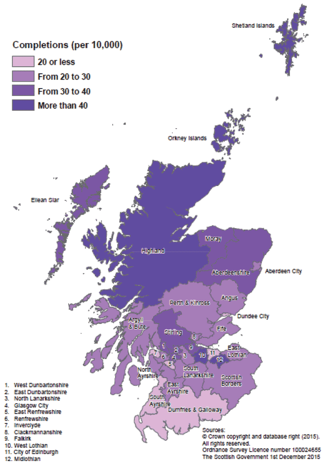 Map A: New build housing - all sector completions: rates per 10,000 population, year to end June 2015