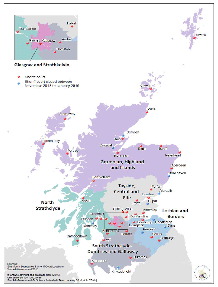 Figure 19: Location of the sheriff courts in Scotland in 2014-15