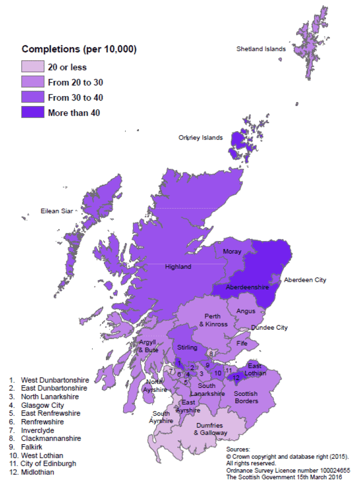  Map A: New build housing – all sector completions: rates per 10,000 population, year to end September 2015