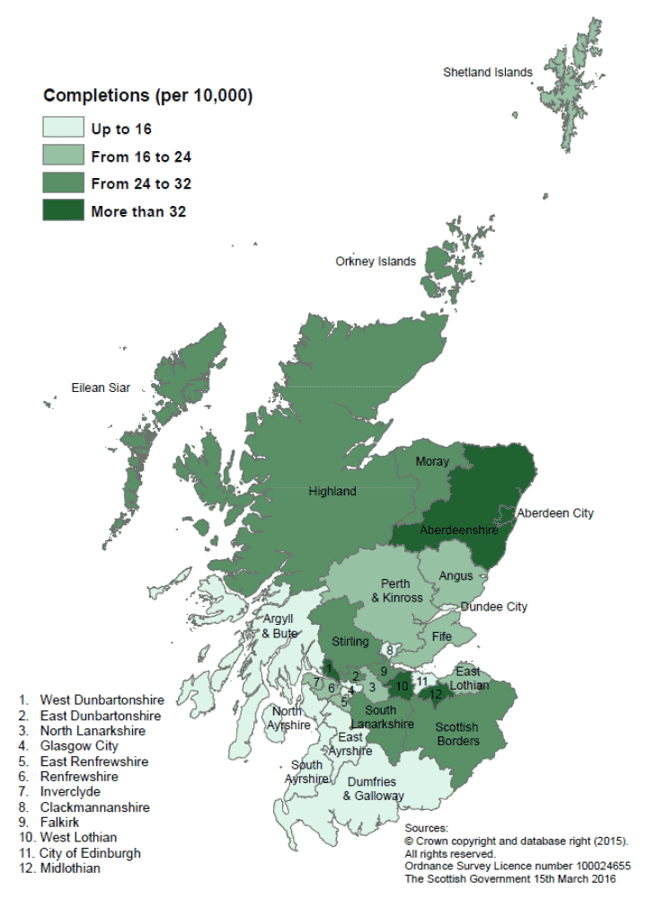  Map B<strong>:</strong> New build housing – private sector completions: rates per 10,000 population, year to end September 2015