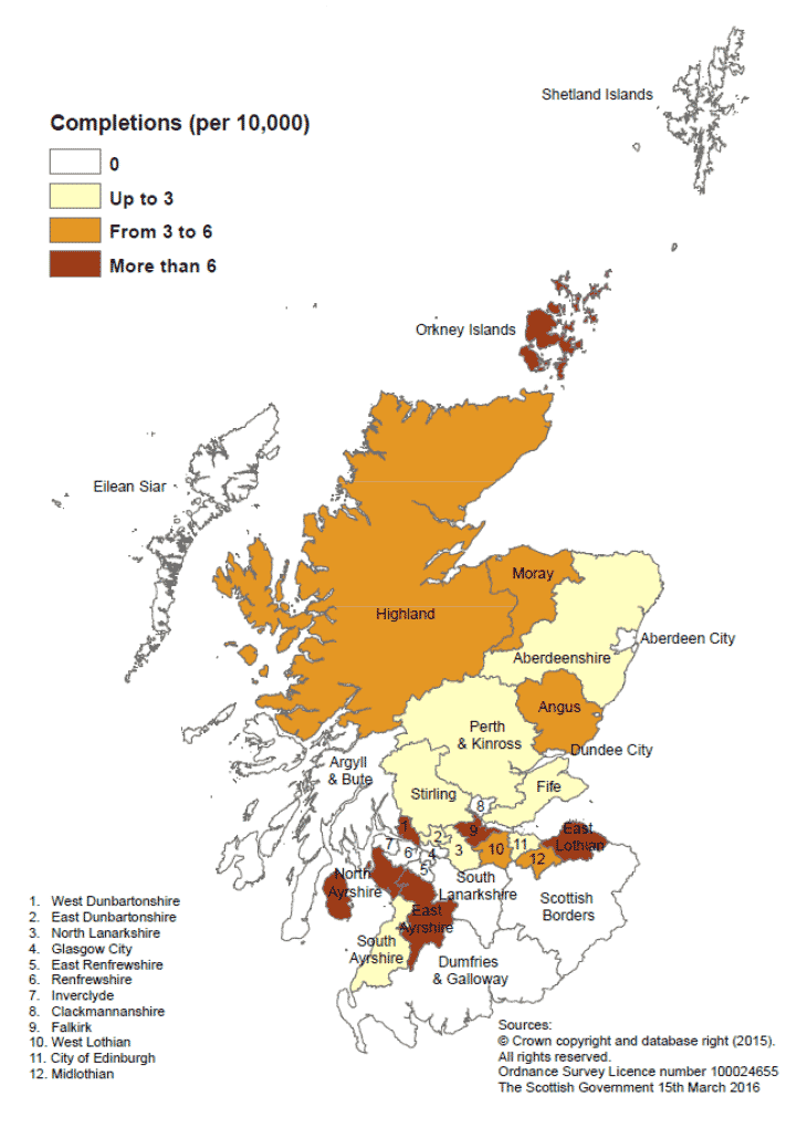  Map D: New build housing – local authority sector completions: rates per 10,000 population, year to end September 2015