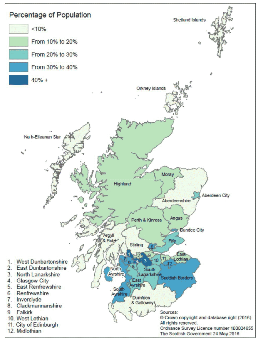 Map 1: Percentage of population within 500 metres of a Derelict Site, 2015