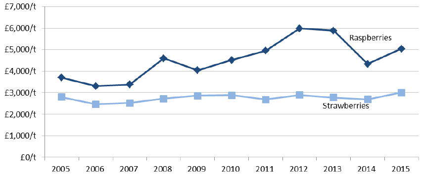 Chart 4.10: Average annual output prices for raspberries and strawberries 2005 to 2015