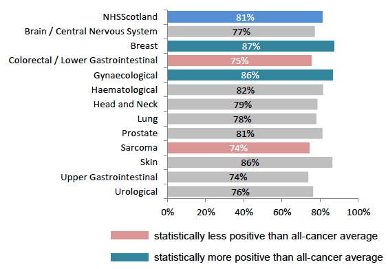 Figure 24: % reporting doctors and nurses did not talk as if they were not there, by tumour group