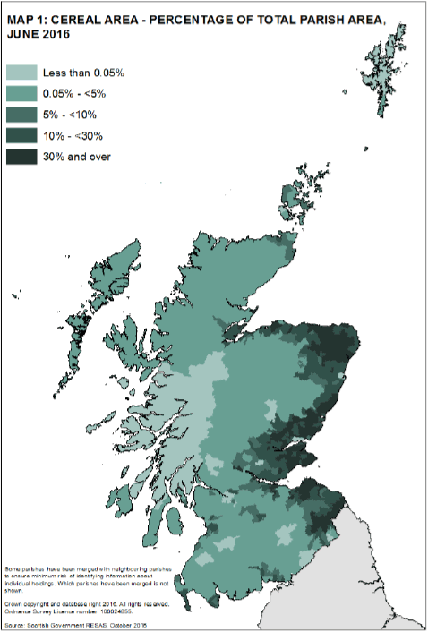Map 1: Cereal area - percentage of total parish area, June 2016