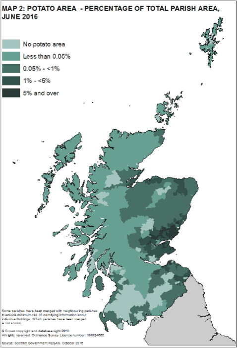 Map 2: Potato area - percentage of total parish area, June 2016