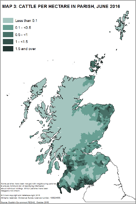 Map 3: Cattle per hectare in parish, June 2016 