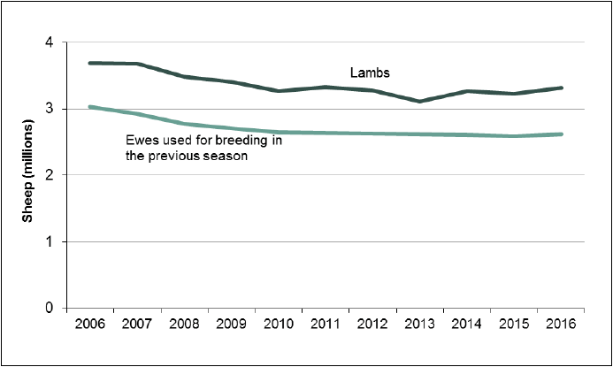 Chart 17: Ewes for breeding and lambs, trends 2006 to 2016