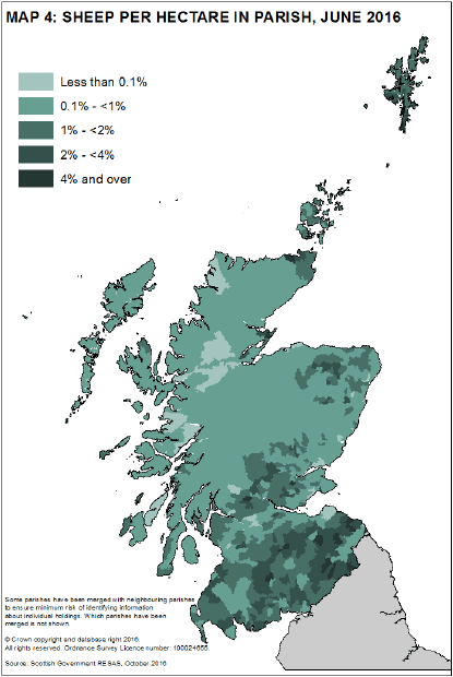 Map 4: Sheep per hectare in parish, June 2016