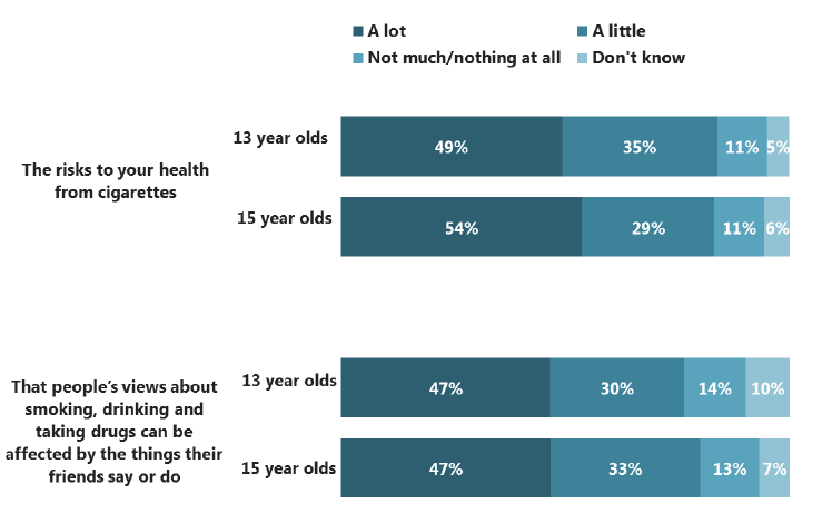 Figure 6.3 How much pupils feel they have learned in school about the health risks of cigarettes and the influence of friends, by age (2015)