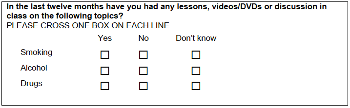 Figure A.15: Version one question lessons, videos/DVDs or discussion about substance use topics 
